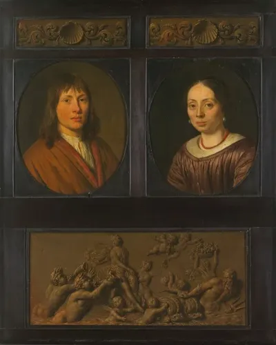 Portraits Of A Man And A Woman Framed With Two Ornamental Frieze Miniatures With Shell Motif And A Triumph Of Amphitrite