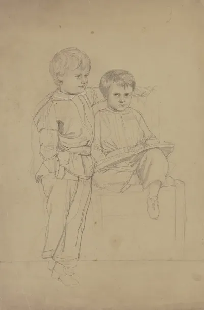 Portrat Zweier Kleiner Jungen Einer Auf Einem Stuhl Sitzend Ein Buch In Der Hand Der Andere Links Von Ihm