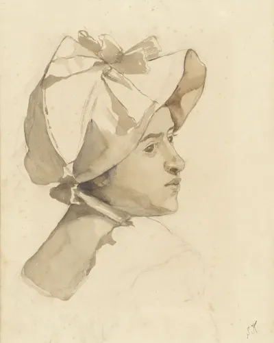 Portret Van Een Jonge Vrouw Met Luifelhoed Met Linten