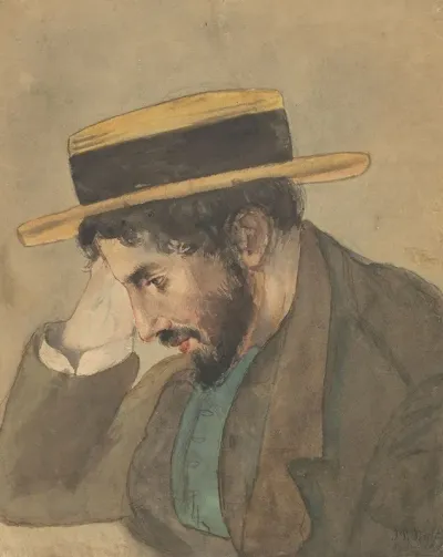 Portret Van Een Jongeman Met Strooien Hoed