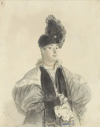 Portret Van Een Staande Dame Met Zwarte Shawl En Zwarte Hoed