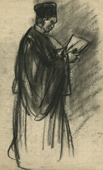 Portret Van Een Staande Man In Toga Profiel In Zijn Handen Papieren Die Hij Leest