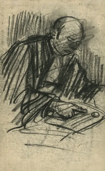 Portret Van Een Zittende Lezende Man Rechterhand Wijsvinger Op De Papieren