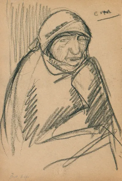 Portret Van Een Zittende Vrouw Met Hoofddoek En Sjaal Rond Haar Schouders Gedrapeerd