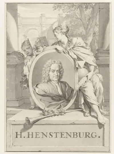 Portret Van Herman Henstenburgh In Ovaal Vastgehouden Door Vrouwenfiguur En Putto