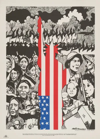 Poster Showing Composite Drawing Juxtaposing North American Indians With Vietnamese With Flag In Shape Of Statue Of Liberty Superimposed
