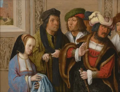 Potiphars Wife Shows Her Husband Josephs Cloak In The Background Joseph Being Taken To Prison