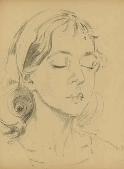 Potrettekening Van Angele Hendrickx Met Gesloten Ogen