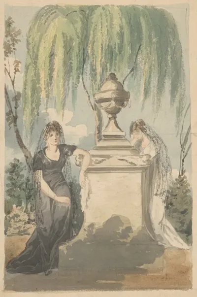 Preliminary Design For Mourning Scene Two Veiled Women Grieving Over Funerary Monument With Urn Weeping Willow In Background