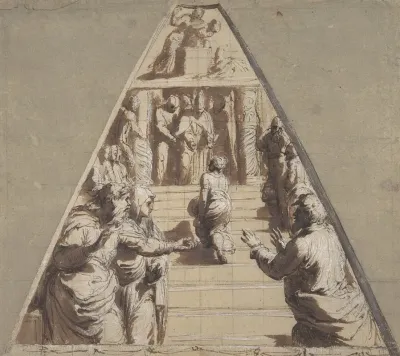 Presentation Of The Virgin In The Temple Below Abraham About To Sacrifice Isaac Above