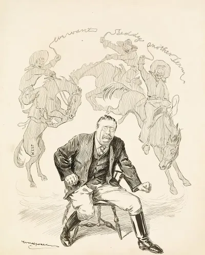 President Theodore Roosevelt Ready To Leave His Chair Is Haunted By Three Cowboys Representing The West