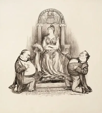 President William Mckinley Republican And His Opponent William Jennings Bryan Democrat Both Try To Woe A Woman Sitting On A Throne