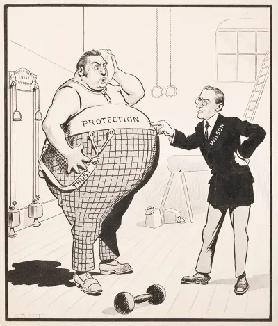 President Woodrow Wilson In A Gym Trying To Get An Overweight Man Representing Protection Trust Back Into Shape