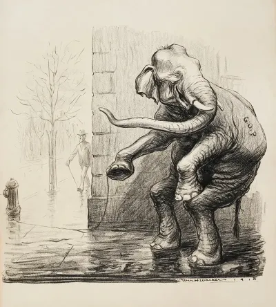 President Woodrow Wilson Walks Calmly Down The Street As The Republican Party Elphant Hides Around The Corner