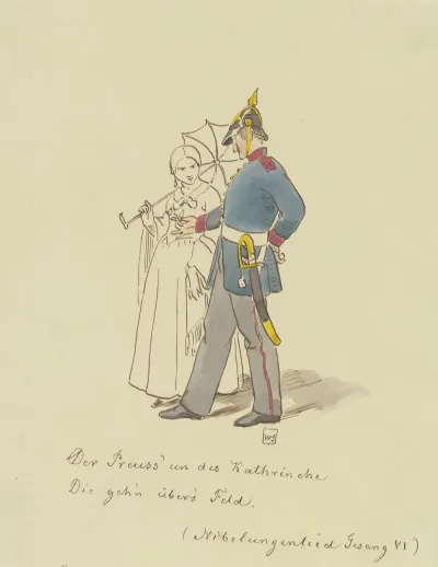 Preusischer Soldat Und Junge Frau Mit Schirm