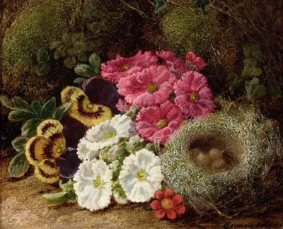 Primulas And A Birds Nest On A Mossy Bank