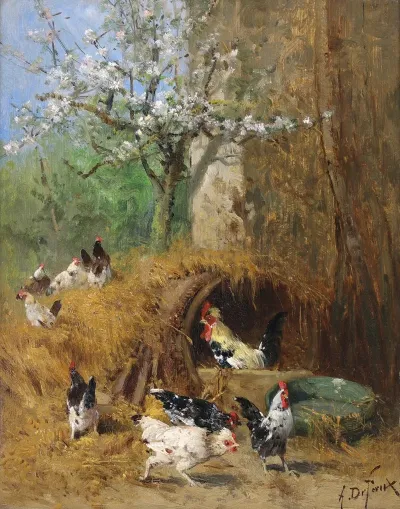 Printemps Poules Sous Le Pommier En Fleurs 2