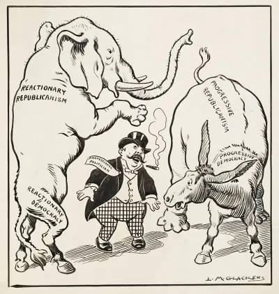 Professional Politician Stands Between Two Composite Animals