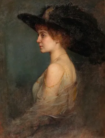 Profilportrait Einer Dame Mit Grosem Federgeschmucktem Hut