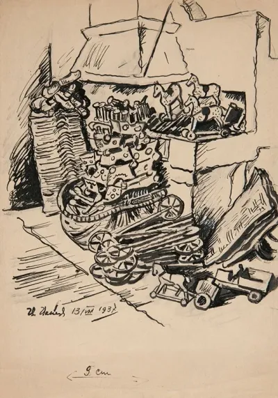 Projekt Ilustracji Fragment Wnetrza Kuchni Ze Stertami Drewnianych Zabawek