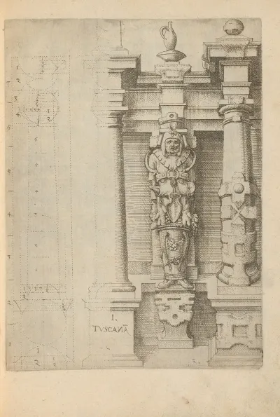 Proportions Of The Tuscan Column Order With An Atlante In The Form Of A Farm Laborer In A Barrel Between Two Columns