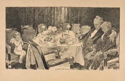 Putti Sips Champagne At Banquet Table Near Sleeping Elderly Couple