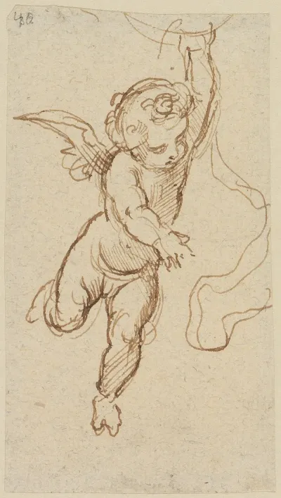 Putto Von Vorn Nach Rechts Fliegend Und Mit Der Rechten Hand Nach Unten Deutend