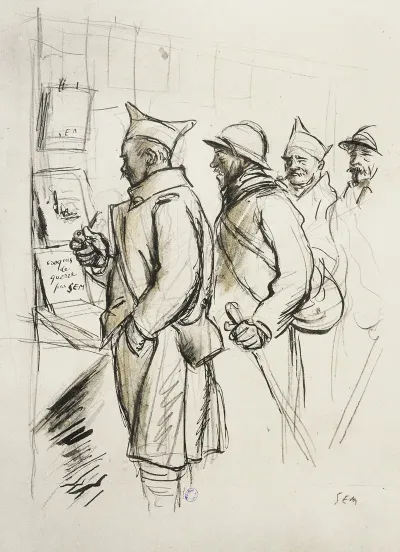 Quatre Soldats Regardant Les Croquis De Guerre De Sem