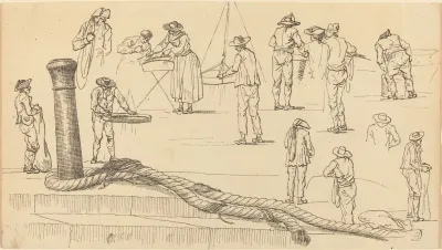 Quayside Figures And A Length Of Rope Attached To A Bollard