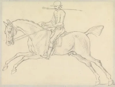 Racehorse With Jockey Up The Jockey Holds A Whip In His Teeth