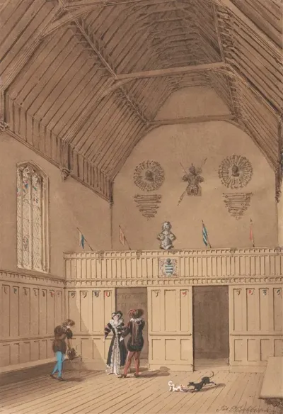 Raftered Hall With Figures In 16th Century Dress