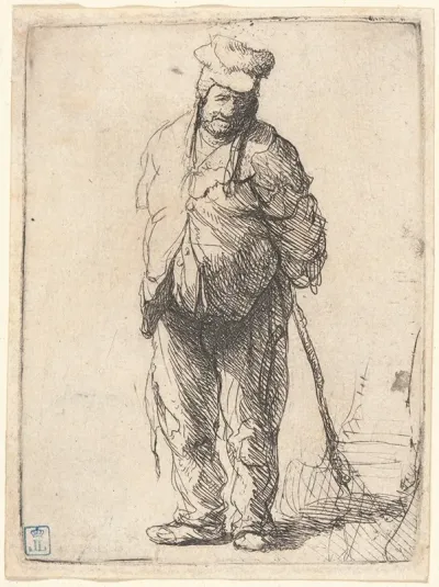 Ragged Peasant With His Hands Behind Him Holding A Stick