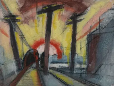 Railroad Tracks Cityscape With Sun