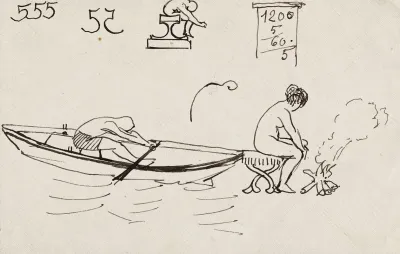 Rameur Dans Une Barque Et Femme Assise Pres Dun Feu De Bois