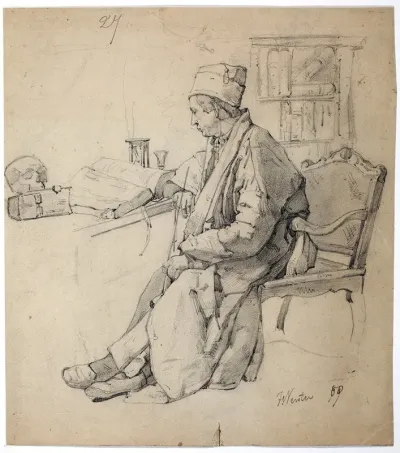 Reading Scholar With Pipe Skull And Hourglass On A Table