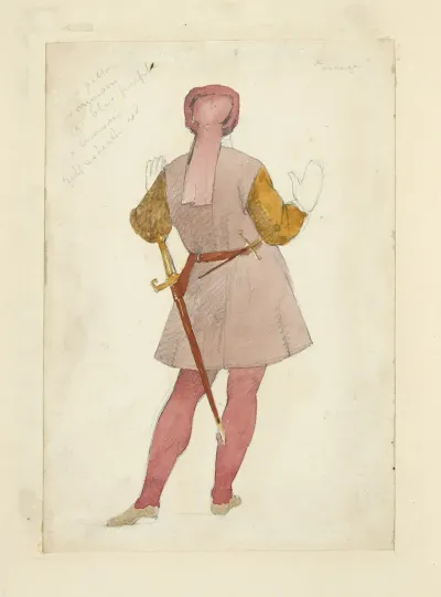Rear View Of Man In A Tunic And Belt With Sword Tights Gloves And Hat With Long Tail