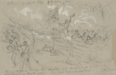 Rebel Advance Through The Smoke And Seizure Of A Part Of The Breastworks On Brock Road The Logs Had Caught Fire