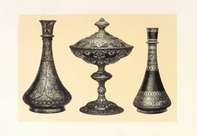 Recent Indian Vases In Oxydised Pewter Encrusted Or Damascened With Silver Tazza In Wrought Iron Inlaid With Silver