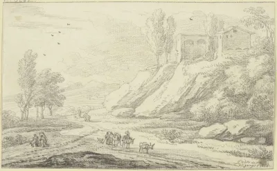 Rechts Am Weg Hugel Mit Gebauden Auf Demselben Eselstreiber Und Andere Figuren