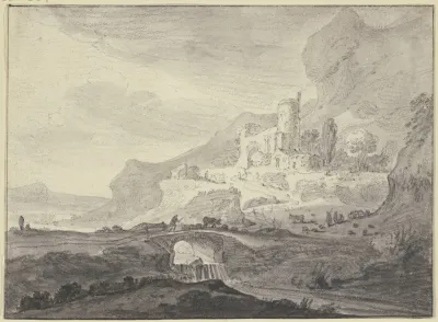 Rechts Bei Hohem Felsen Eine Burg Vorne Eine Brucke Uber Einem Wasserfall