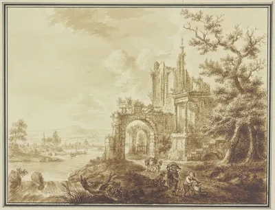 Rechts Neben Einem Baum Eine Ruine Durch Die Ein Weg Fuhrt Mit Bauern Und Einem Lasttier Links Ausblick Auf Eine Fluslandschaft