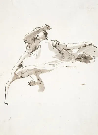 Reclining Female Figure Left Hand Resting On Globe Right Arm Raised In Front Of Face Seen From Below