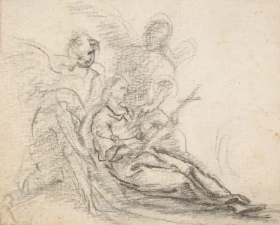 Reclining Figure Of Saint Holding Cross Supported By Two Angels