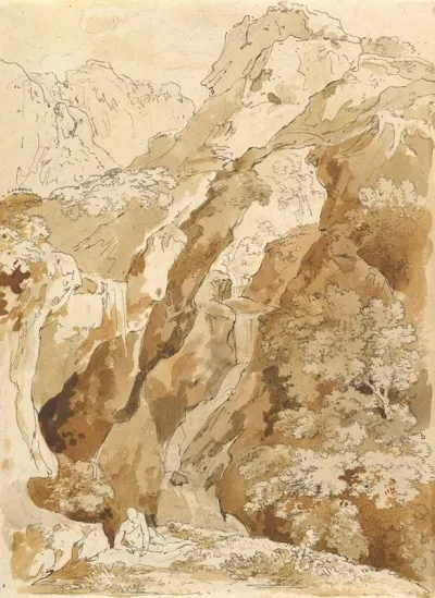 Reclining Man In A Mountainous Landscape With Waterfalls