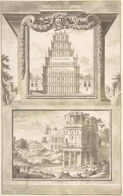 Reconstruction Of The Monument To Septimius Severus Above View Of The Ruins Below