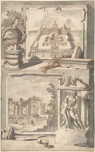 Reconstruction Of The Thermae Of Titus Above And A View Of The Ruins Below