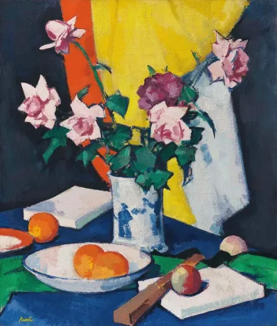 Red And Pink Roses Oranges And Fan