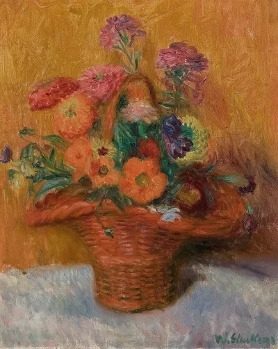Red Basket Of Zinnias