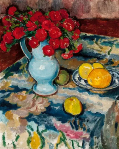 Red Carnations Still Life With A Blue Vase