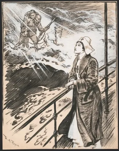 Red Cross Nurse Standing At The Railing Of A Ship Has A Vision Of Wounded Soldiers Across A Stormy Sea